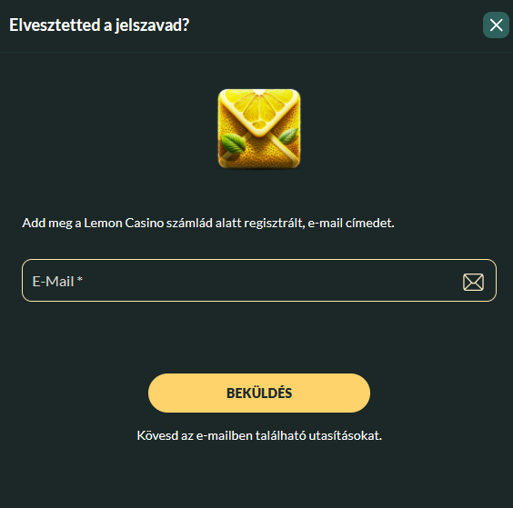 Jelszó-visszaállító űrlap a Lemon Casino oldalán a fiókhoz való hozzáférés visszaszerzéséhez és az új jelszó beállításához
